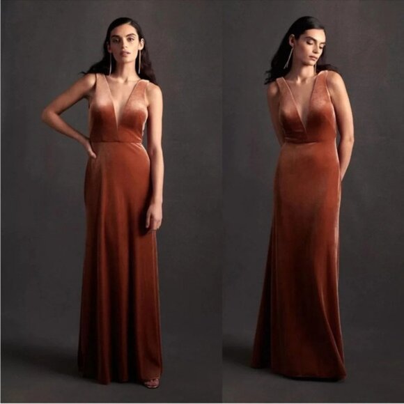 Jenny Yoo Logan Velvet Sleeveless Illusion Plunging V-Neck Gown Maxi Dress 2 - Picture 1 of 16